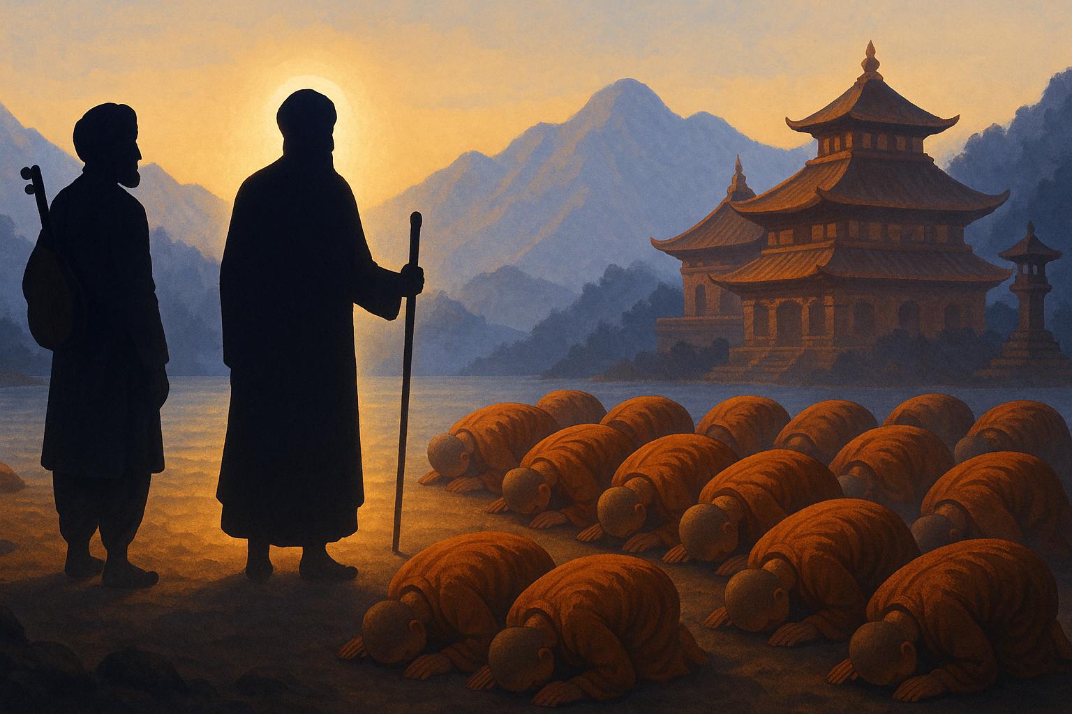 Buddhist monks prostrating before Guru Nanak Dev Ji