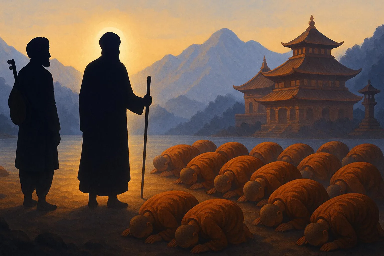 Buddhist monks prostrating before Guru Nanak Dev Ji