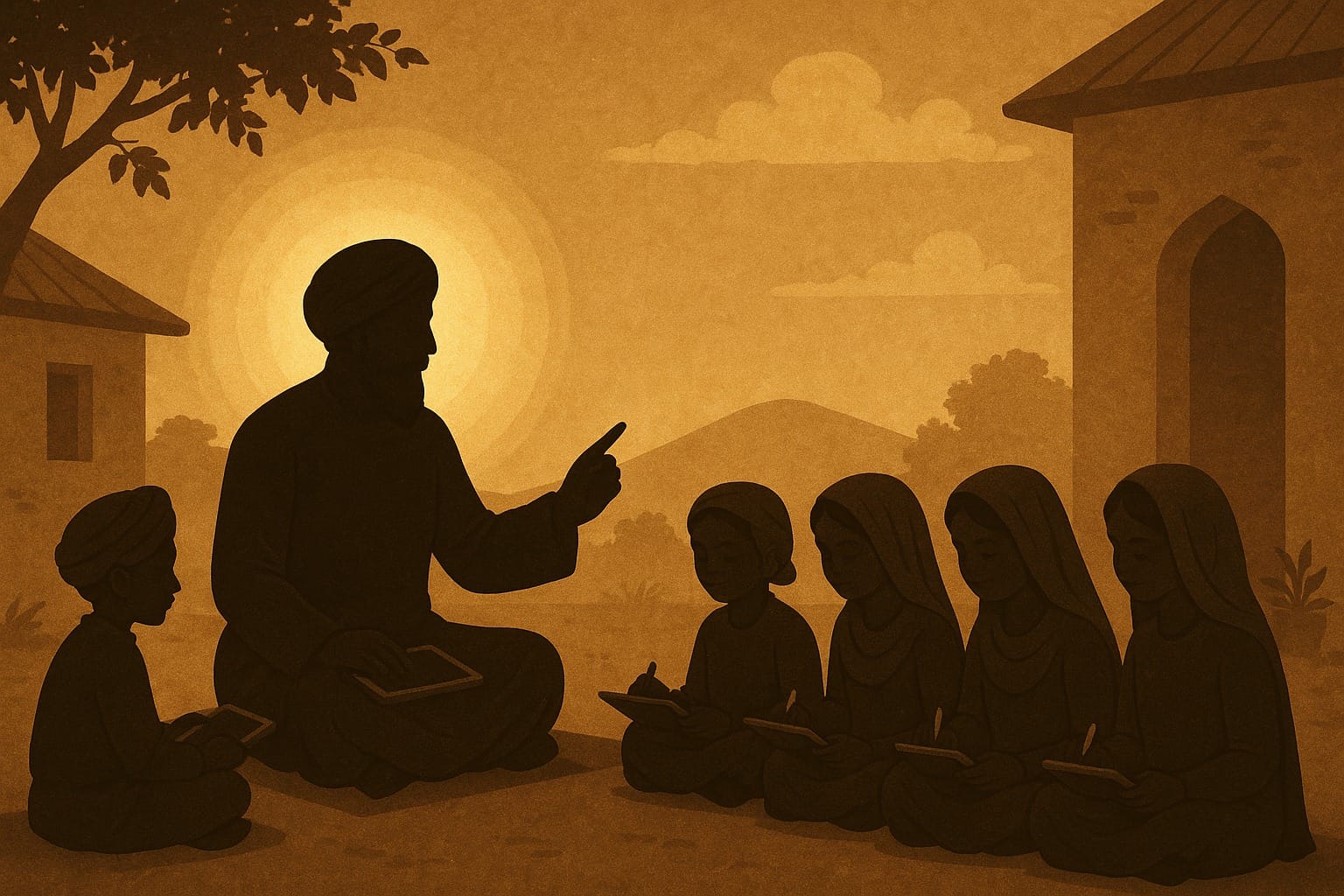 Guru Angad Dev Ji teaching boys and girls Gurmukhi