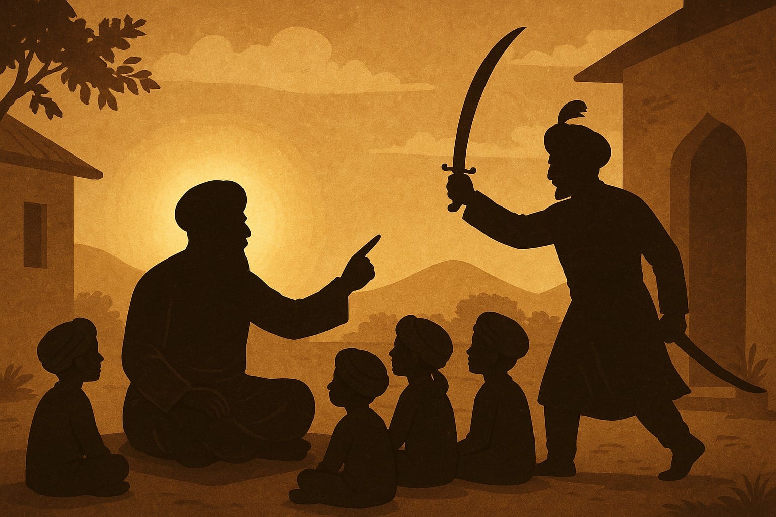 Guru Angad Dev Ji teaching children and King Hamayun interrupting fueled by his egotistical pride