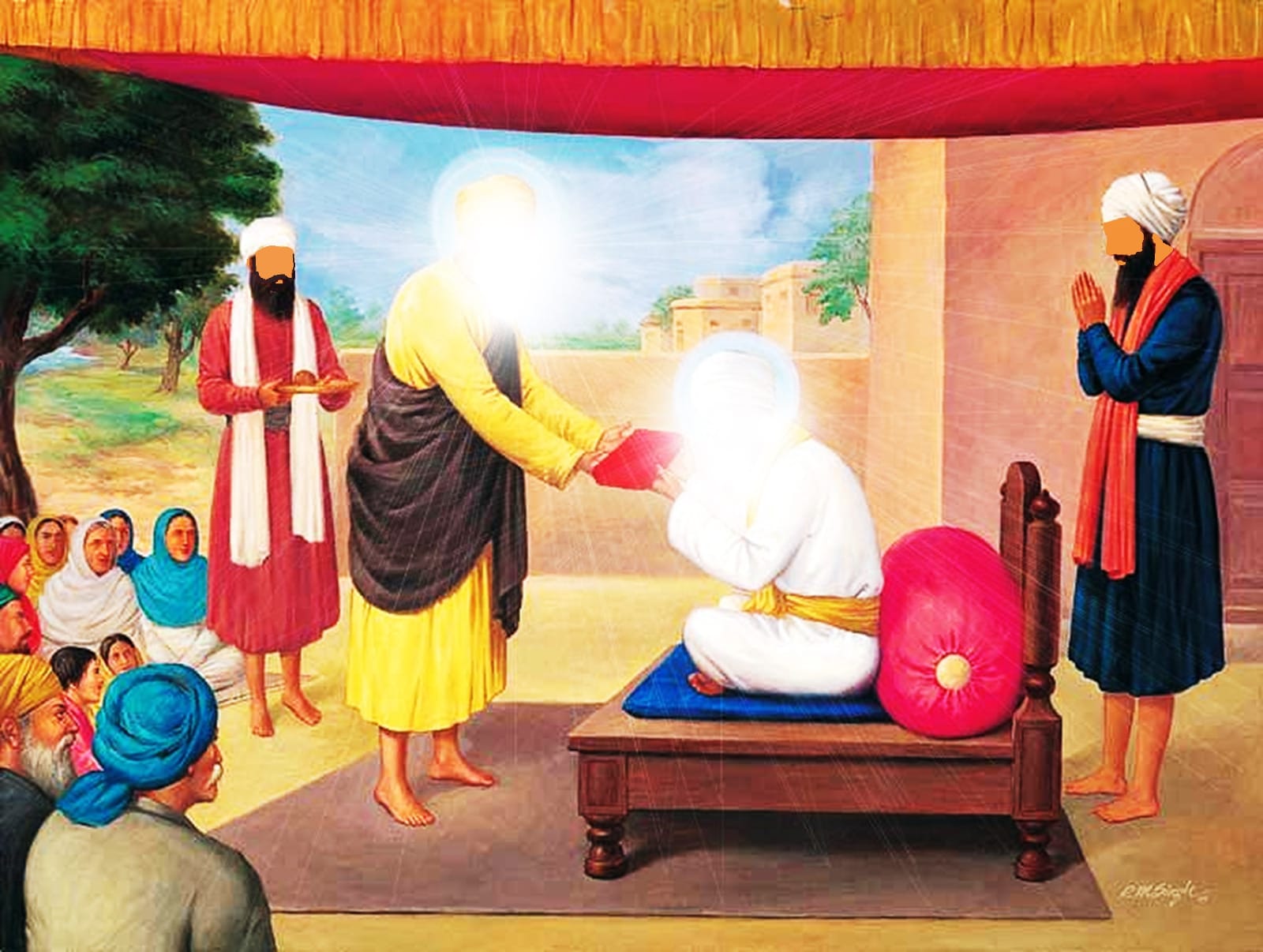 Guru Nanak Dev Ji giving Gurgaddi to Guru Angad Dev Ji