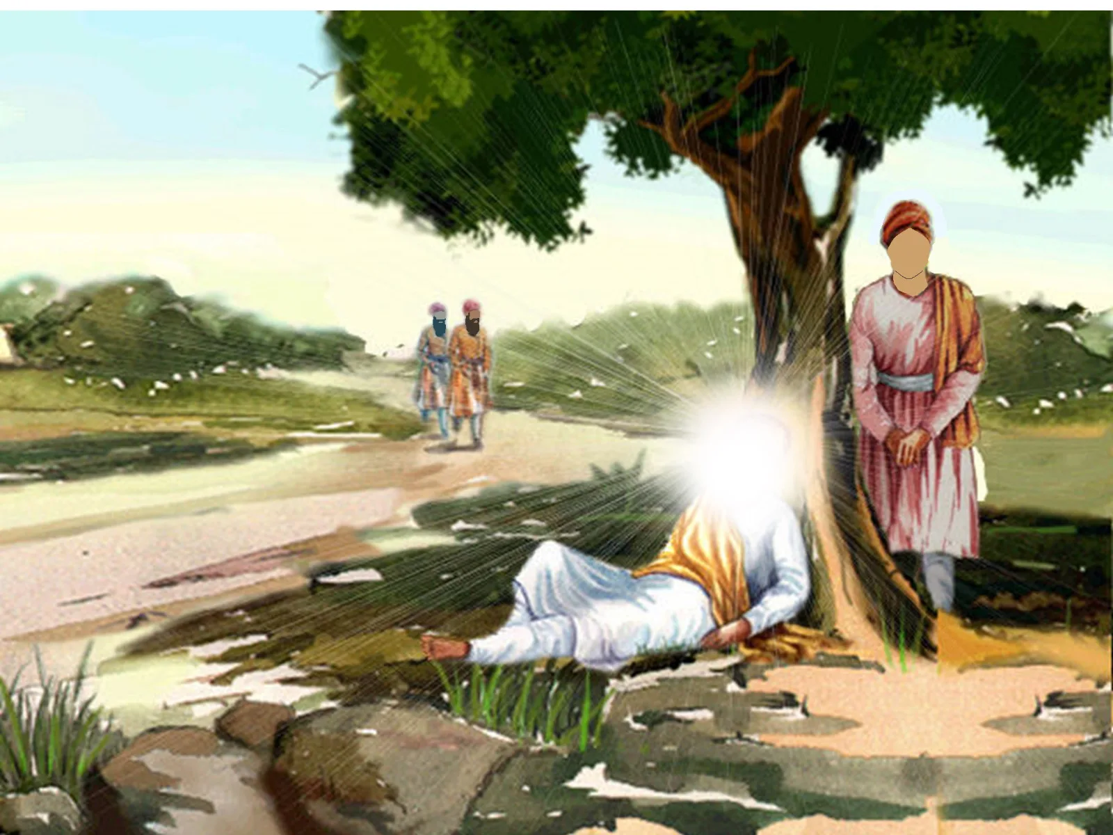Guru Nanak Dev Ji lying under a tree