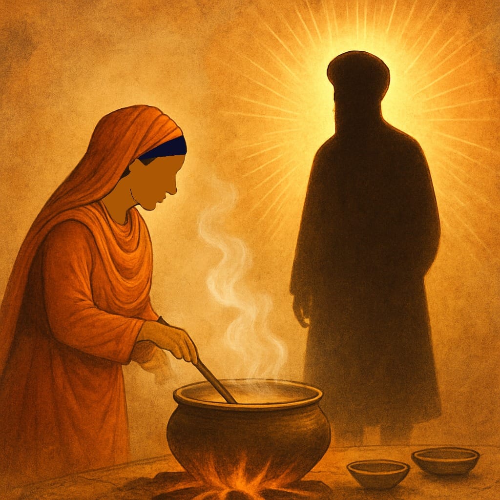 Mata Khivi Ji cooking Langar with Guru Angad Dev Ji watching