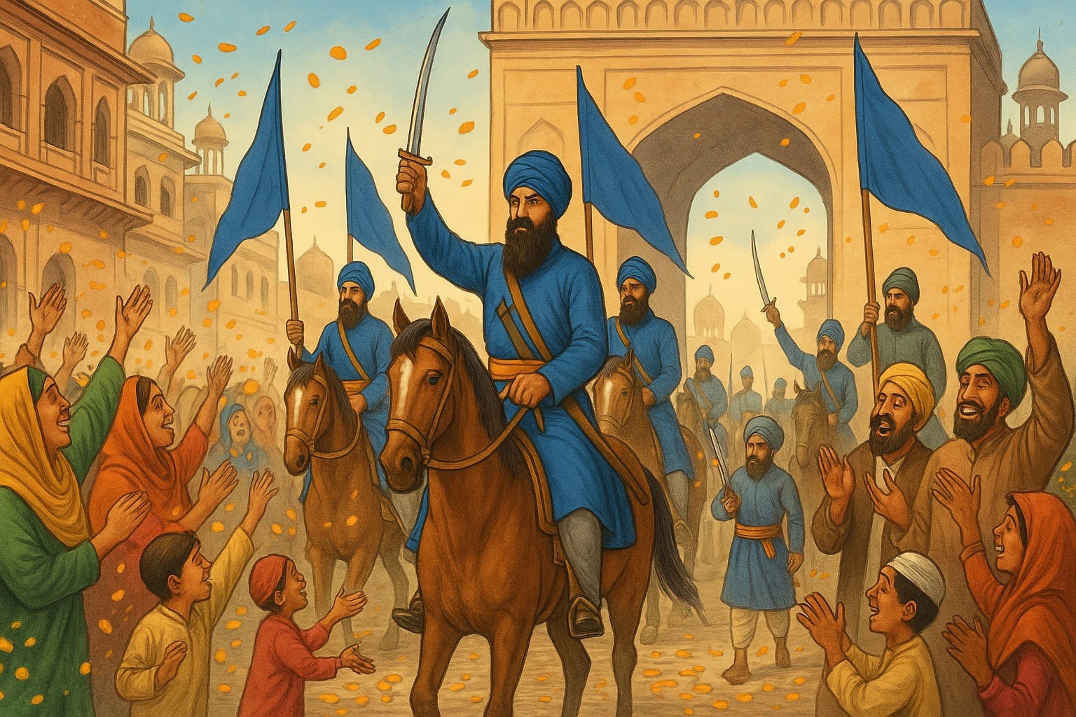 1783 Khalsa Fateh Diwas when the Khalsa entered Delhi as the new rulers and the non Sikhs of Delhi welcomed the Khalsa with flowers and love 2