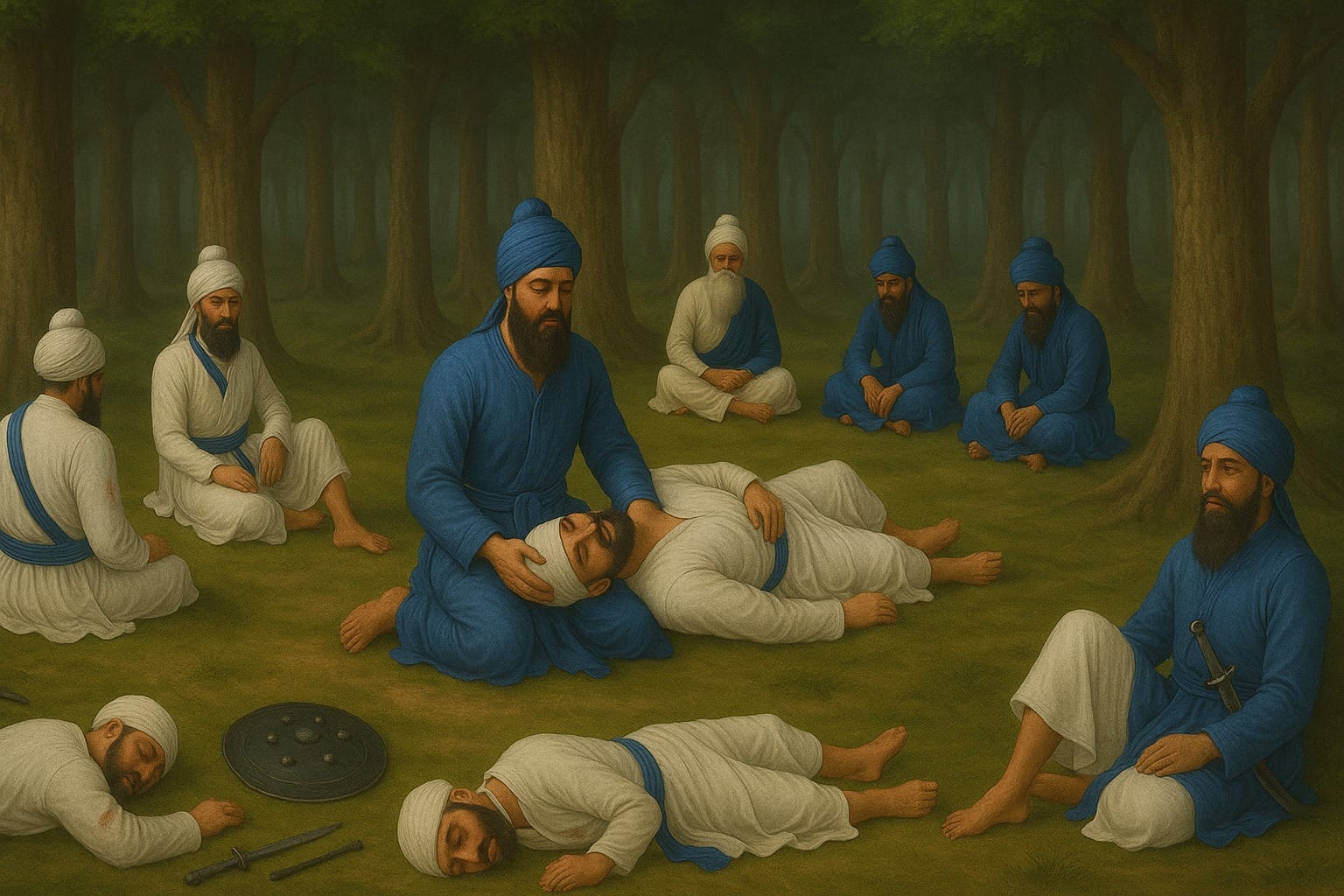 18th century Khalsa injured from attacks from Afghans and Mughals taking refuge in the jungles of Punjab