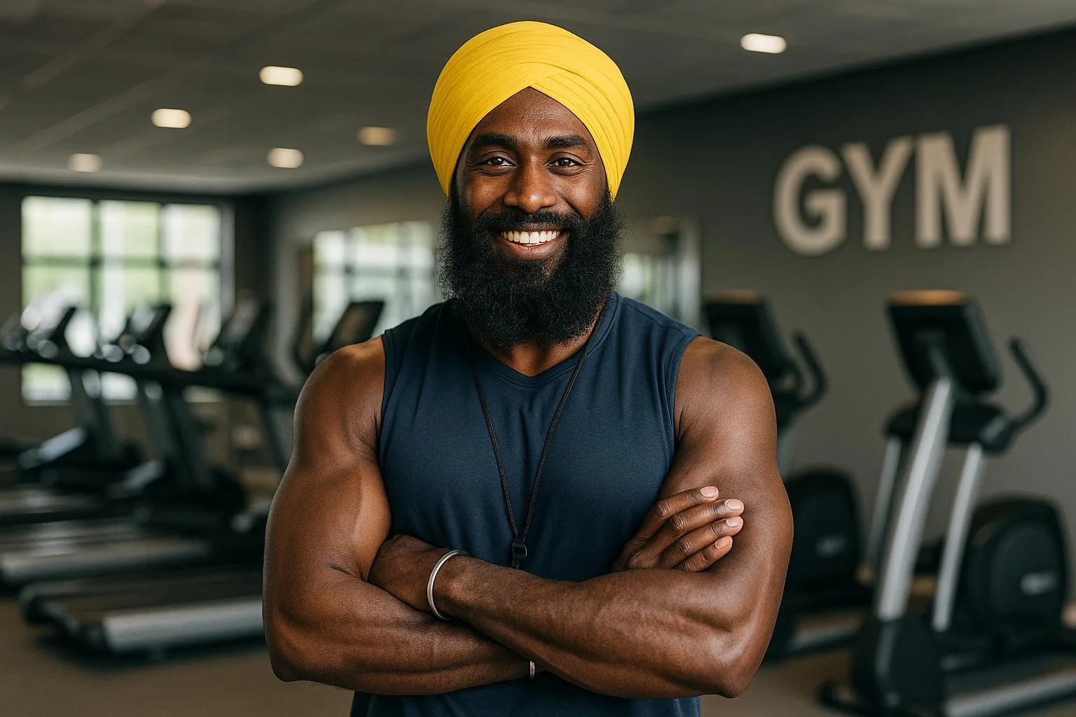 A Black Ethiopian origin Sikh man working a gym instructor