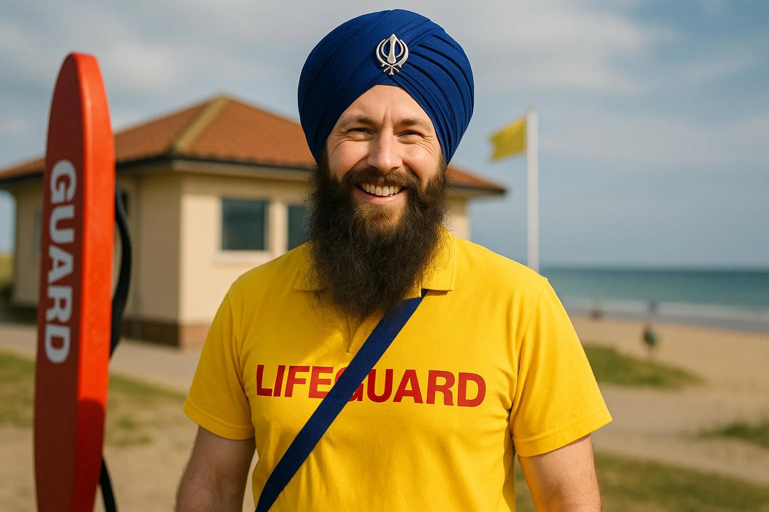 A European origin Sikh man working as a life guard