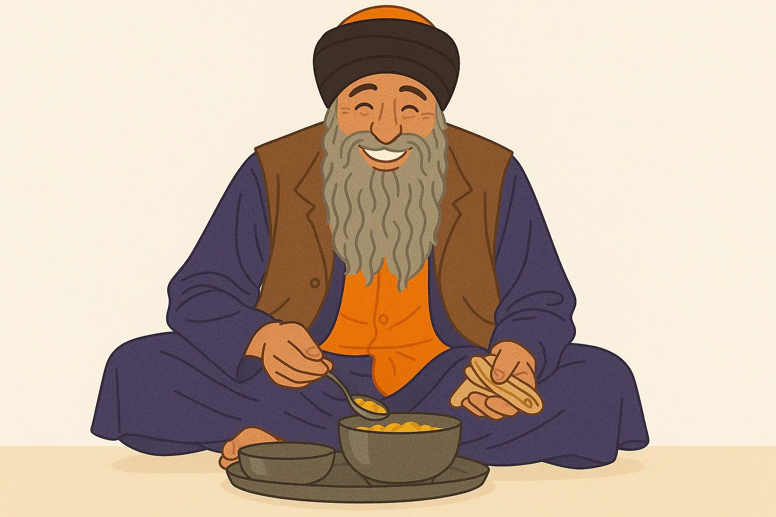 A Sikh man eating traditional Sarbloh Langar