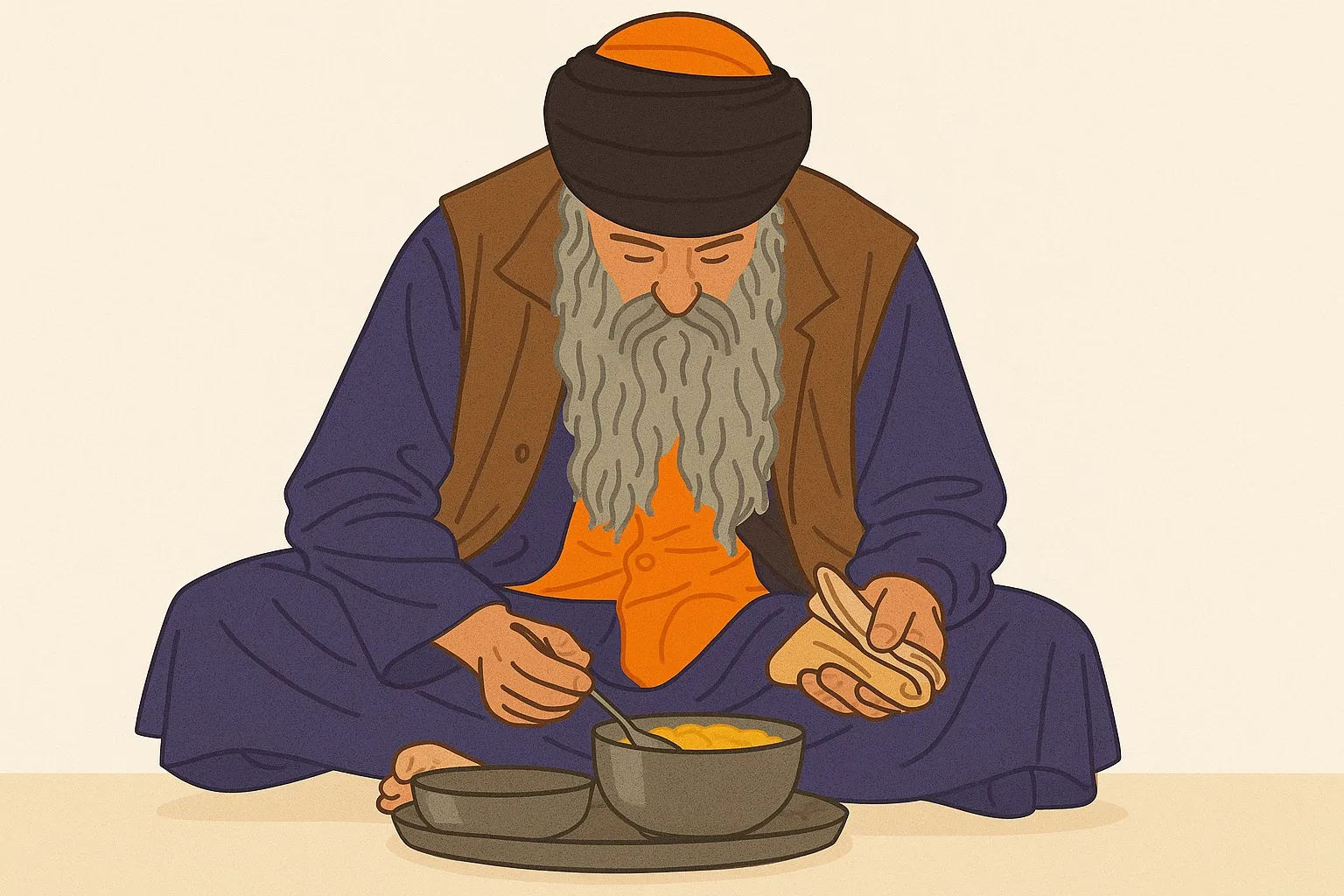 A Sikh man eating traditional Sarbloh Langar