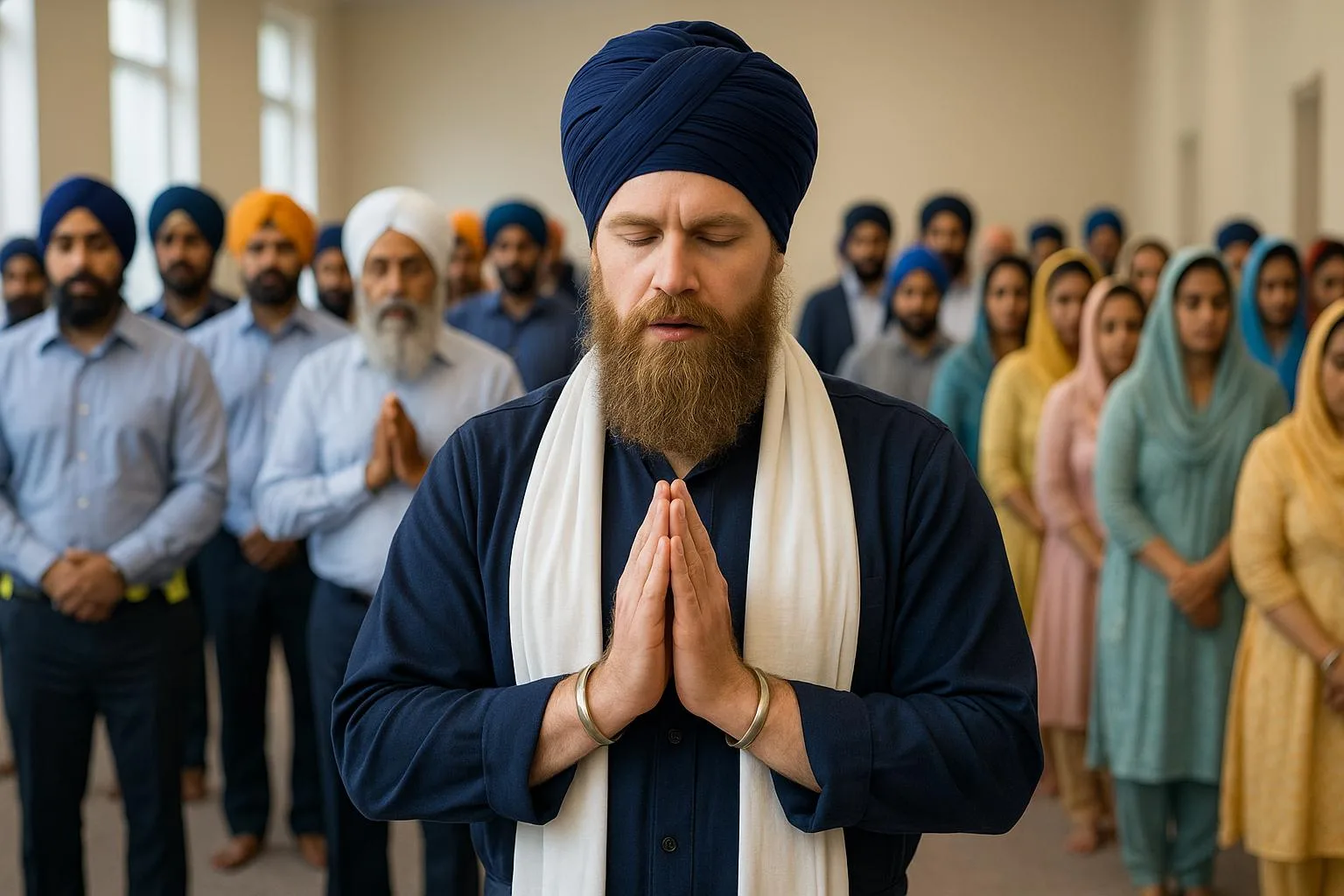 A White Scandinavian origin Sikh man working a Granthi Sikh Minister