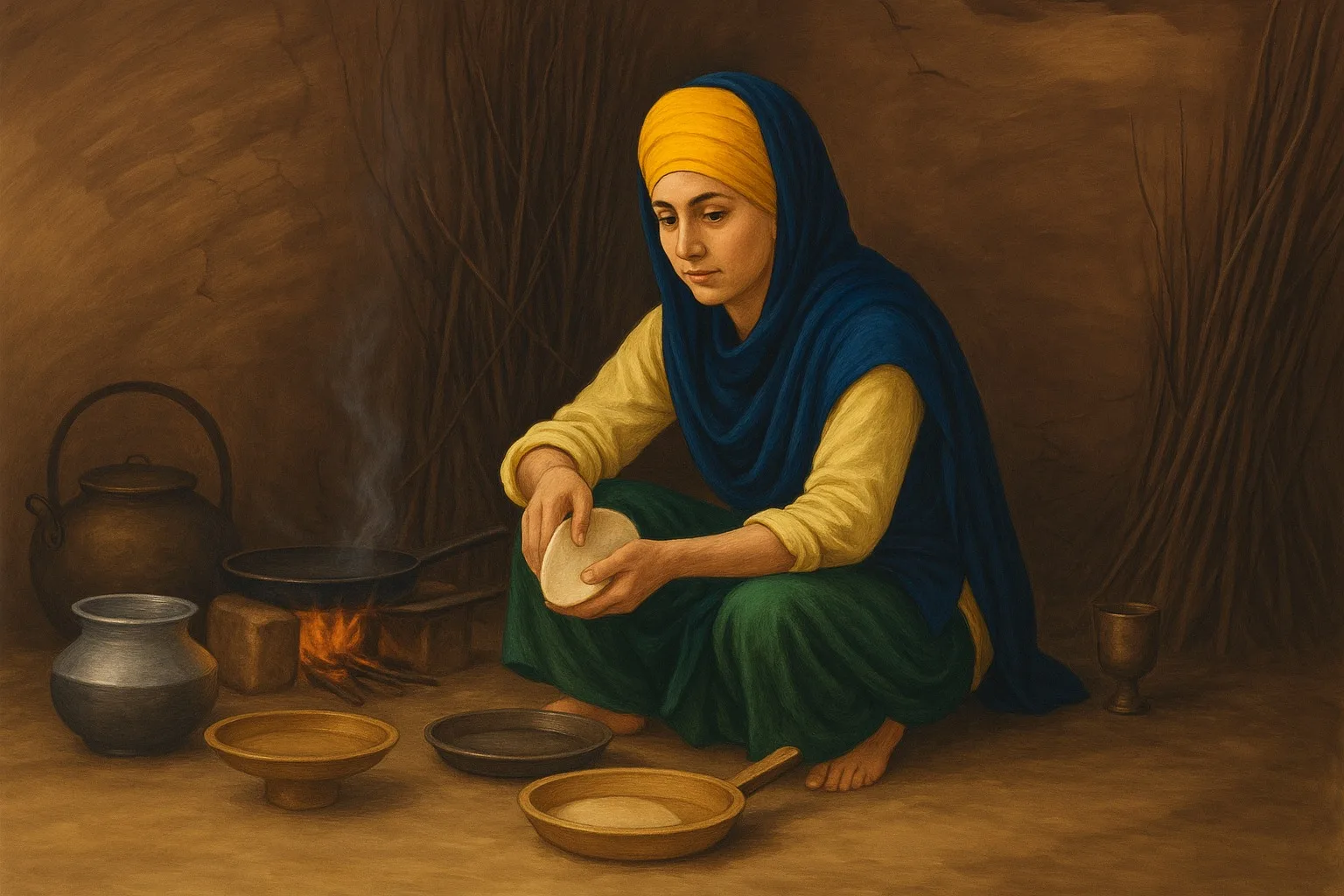 A traditional Punjabi Sikh woman cooking Roti chapatti in a traditional Punjabi village