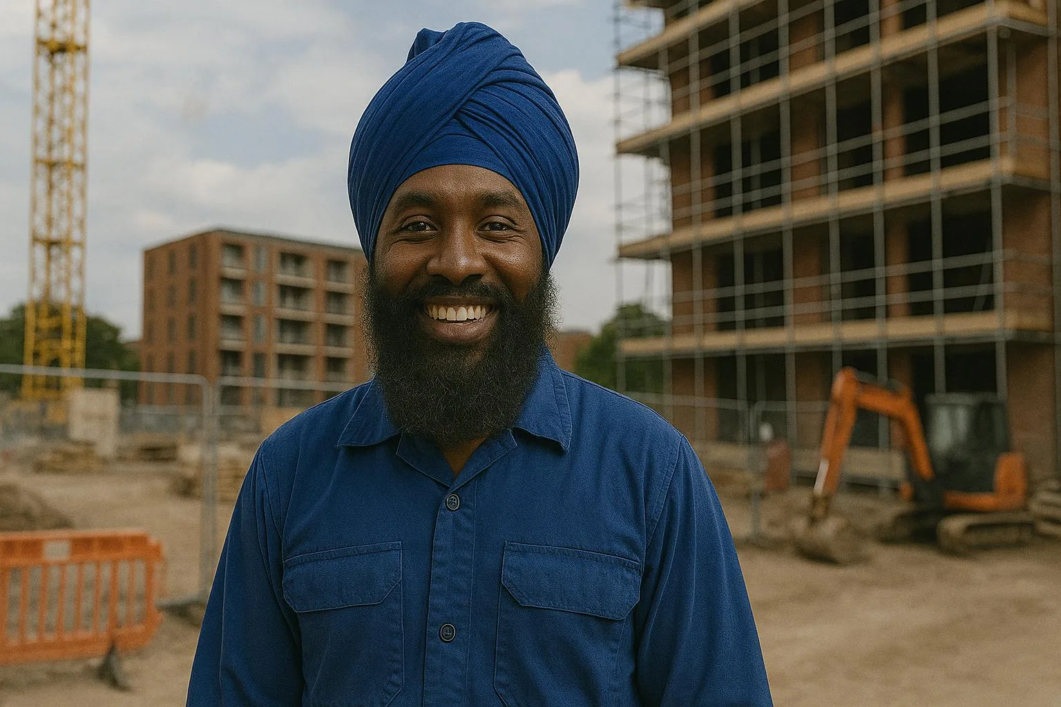 An Afro Carribean origin Sikh man working as a construction worker