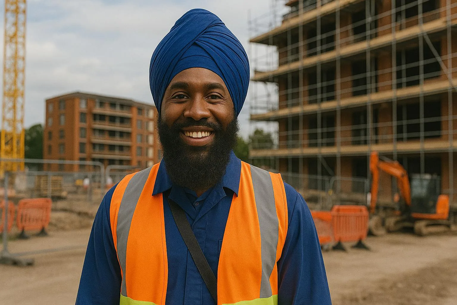 An Afro Carribean origin Sikh man working as a construction worker