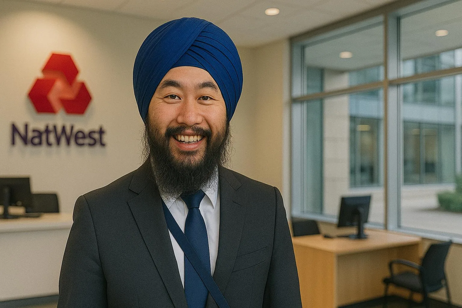 An South Asian Oriental origin Sikh man working in a bank
