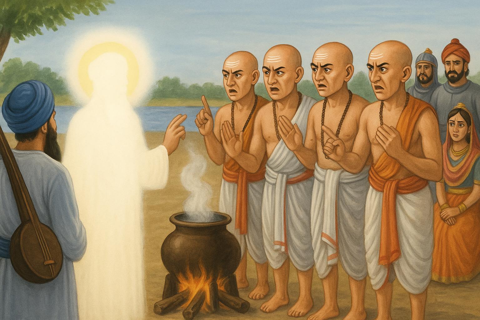 An angry crowd of Brahmins approach Guru Nanak Dev Ji who was standing near to where a Hindu king had got his guards to cook meat in Kurekshetra on a solar eclipse day