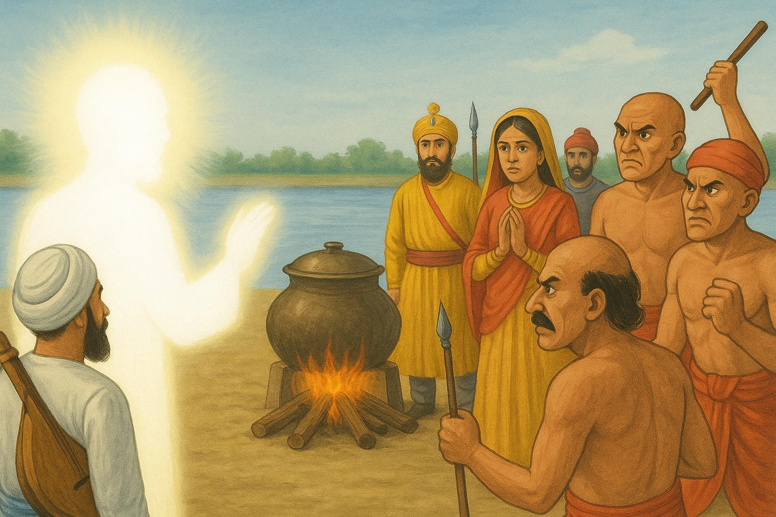 An angry crowd of Brahmins approach Guru Nanak Dev Ji who was standing near to where a Hindu king had got his guards to cook meat in Kurekshetra on a solar eclipse day