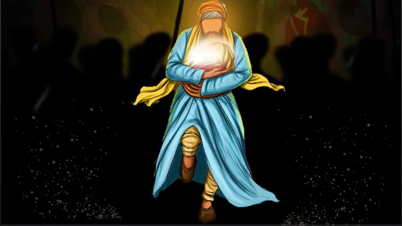 Bhai-Jaita-Ji-fearlessly-retrieving-the-holy-head-of-Guru-Teg-Bahadar-Ji-from-the-site-of-martyrdom-after-a-sand-storm-comes