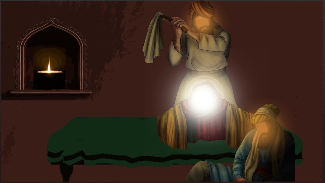 Bhai Jaita Ji stopping over at the house of the Dhobi washerman Bhai Deva Ram Ji with the head of Guru Teg Bahadar Ji. Bhai Deva Ram Jis Ardaas to do Chaur Sahib was fulfiled