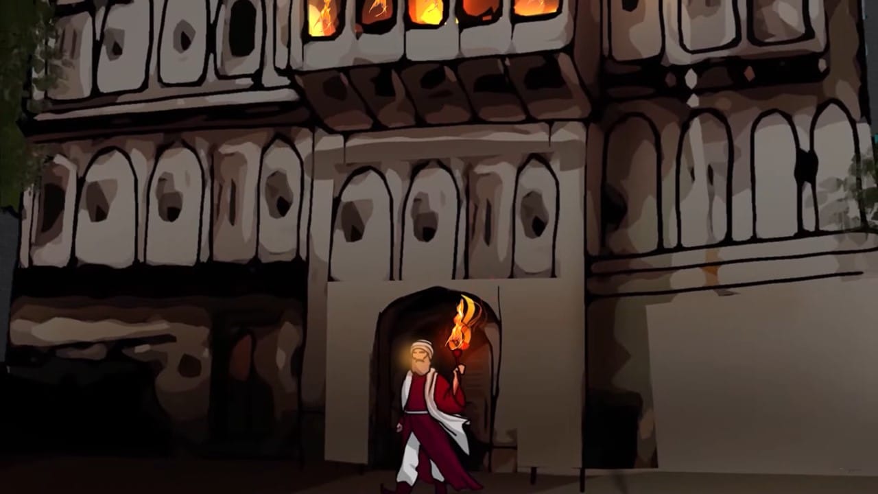 Bhai Lakhi Shah Vanjara setting his house on fire as part of a plan to cremate Guru Teg Bahadar Jis body