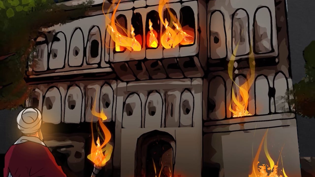 Bhai Lakhi Shah Vanjara watching his house go up in flames as he cremates Guru Teg Bahadar Ji in his house in secrecy so the Authorities did not realise