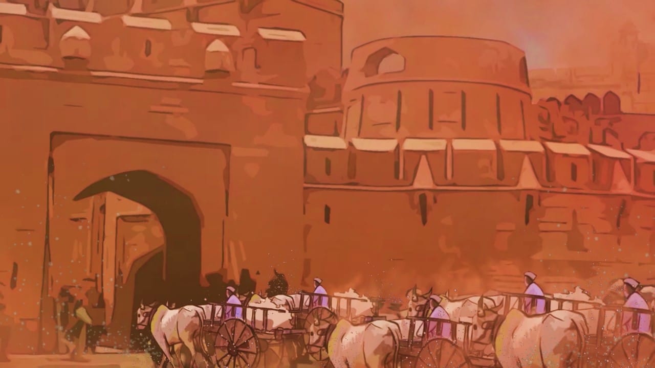 Bhai Lakhi Shah Vanjara with his carts entering the area near the Red Fort in a plan to retrieve the body of Guru Teg Bahadar Ji