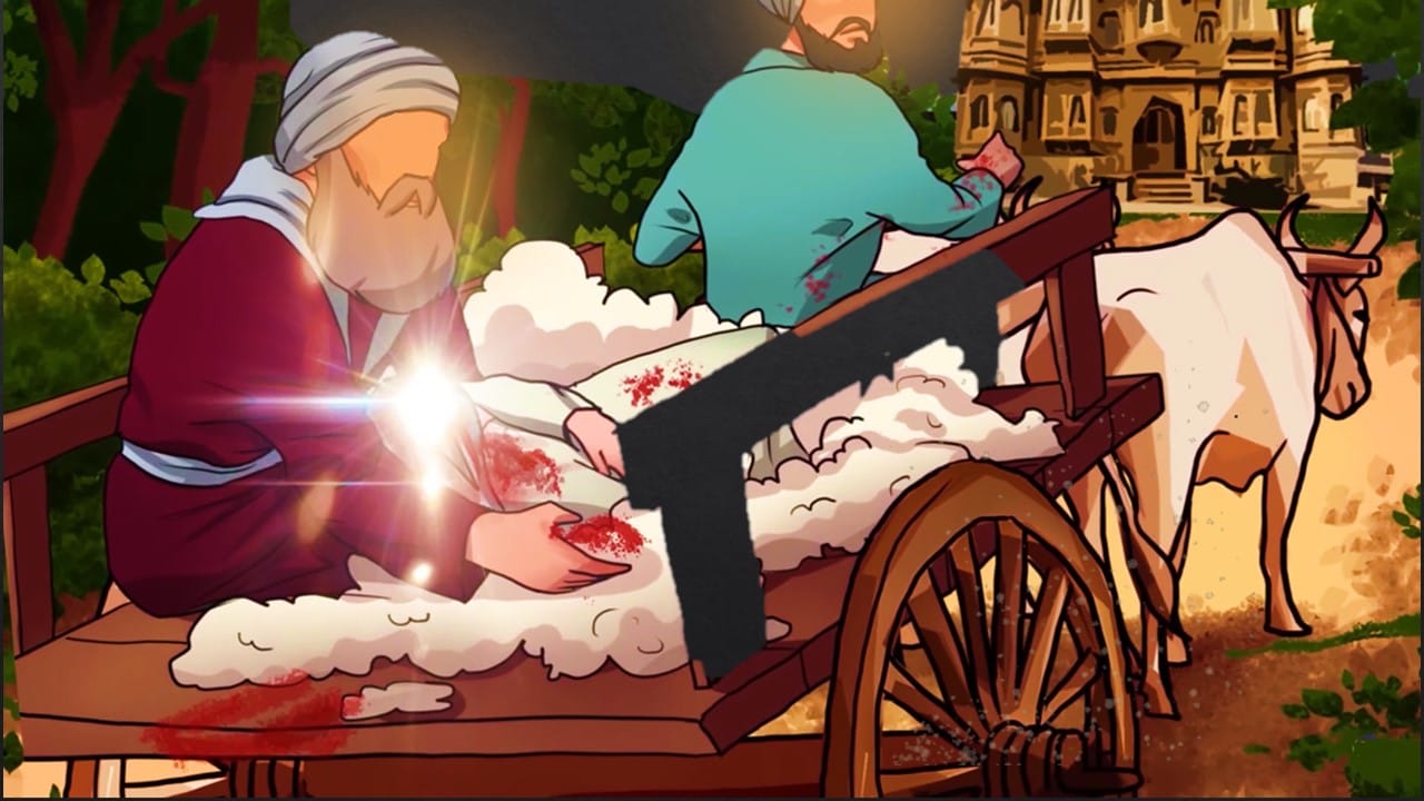 Bhai Lakhi Shah and his son fearlessly retrieving the body of Guru Teg Bahadar Ji after the martyrdom