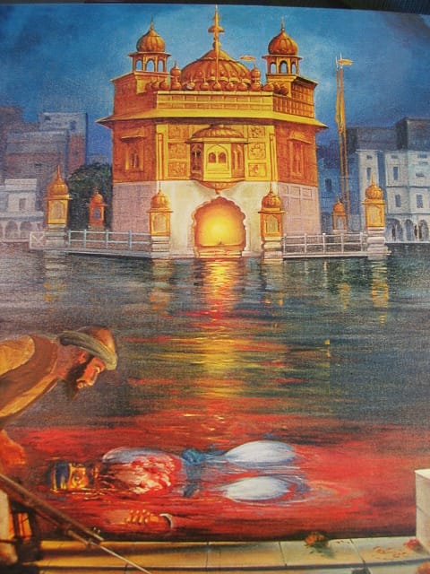 Bhai Mansha Singh martyred in 1743 during Massa Ranghars occupation for visiting Sri Darbar Sahib to bathe in the sacred pool and light the Jyot to show Sikh resilience and that Sikhs still exist