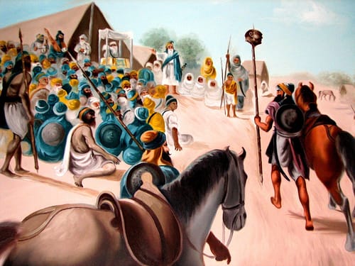 Bhai Sukha Singh Mehtab Singh bring back to the head of the tyrant Massa Ranghar to the Sangat congregation of Bikaner Rajasthan