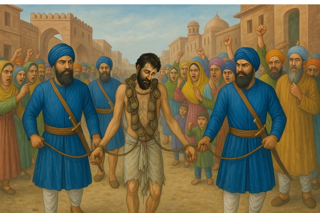 Chandu-Shah-paraded-through-the-streets-of-Lahore-by-the-Sikhs-of-Hargobind-Sahib-Ji.-The-public-came-out-to-humiliate-and-curse-Chandu-for-his-heinous-crimes
