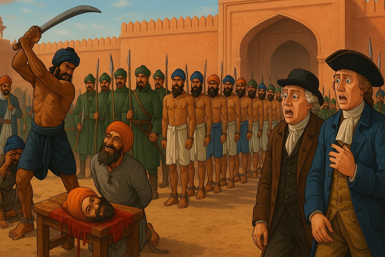 Englishmen witness 100 Sikhs being killed everyday by the Mughal Authorities in March 1716 Every Sikh was described to be Christ