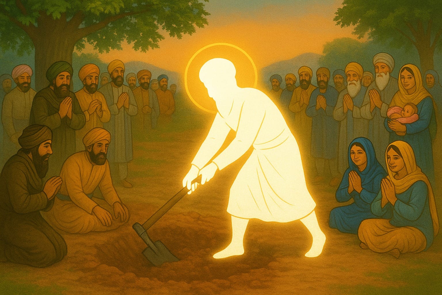 Guru-Arjan-Dev-Ji-digging-a-well-8-wells-with-six-wheels-in-the-draught-prone-area-of-Cheharta-Sahib