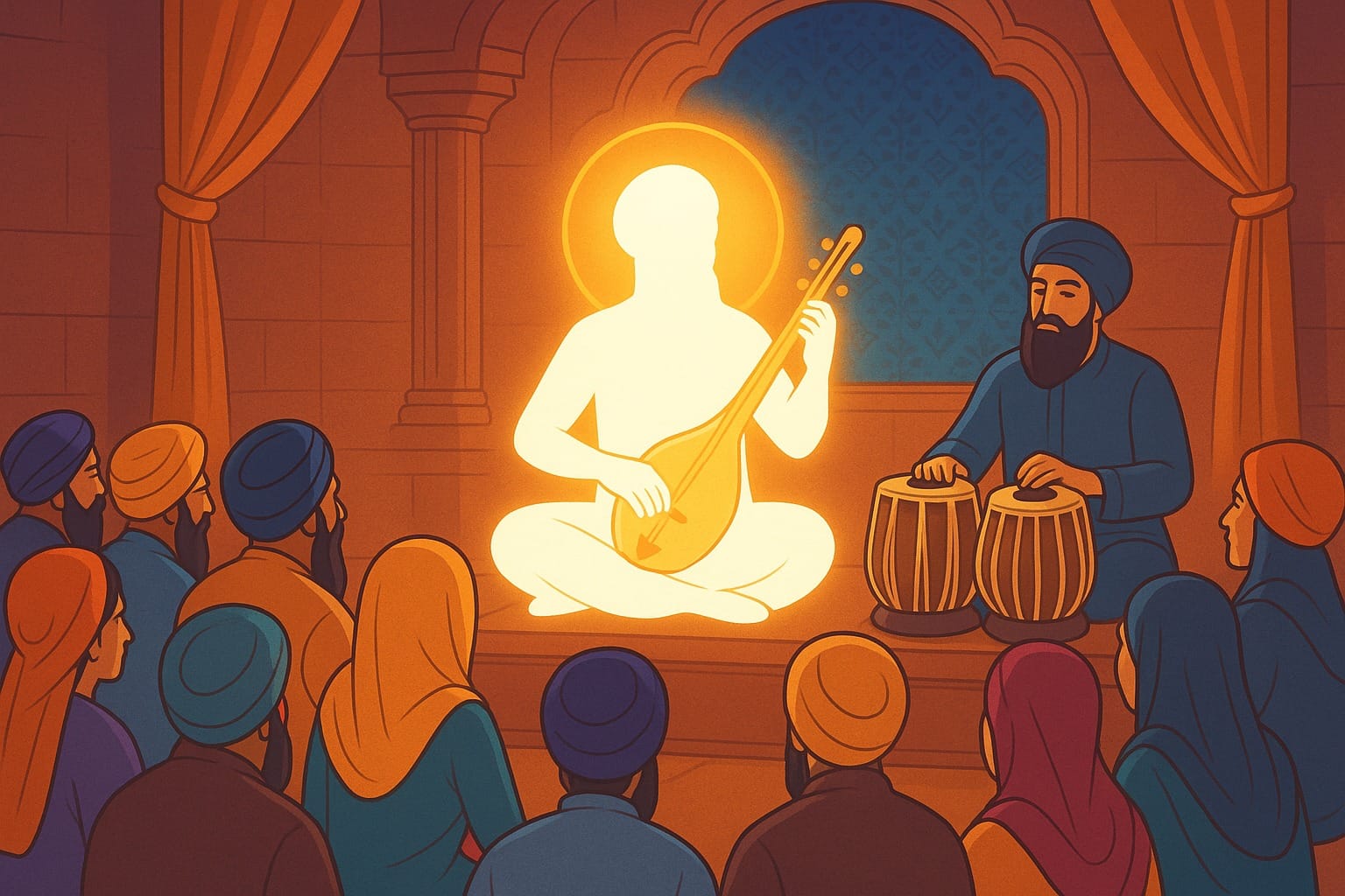 Guru-Arjan-Dev-Ji-doing-Kirtan-and-playing-the-Saranda-instrument-designed-by-Guru-Sahib-Ji-themselves