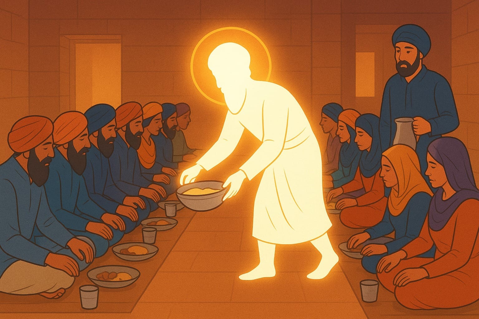Guru-Arjan-Dev-Ji-serving-Langar-to-the-Sangat-sitting-in-Pangat