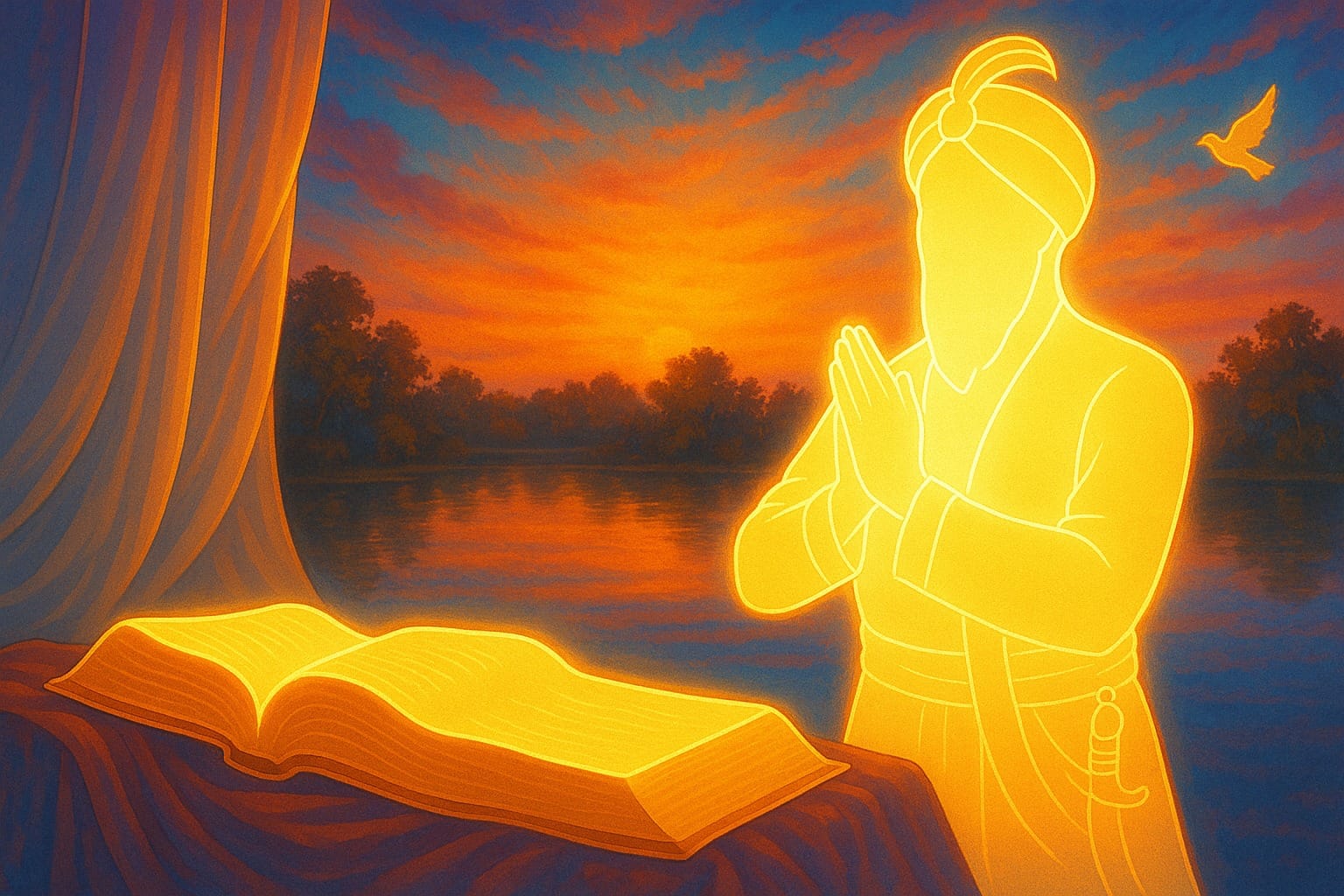 Guru Gobind Singh Ji before Sri Guru Granth Sahib Ji