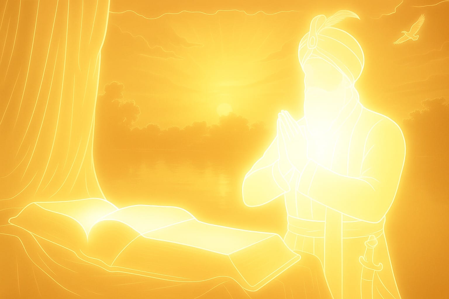 Guru Gobind Singh Ji before Sri Guru Granth Sahib Ji