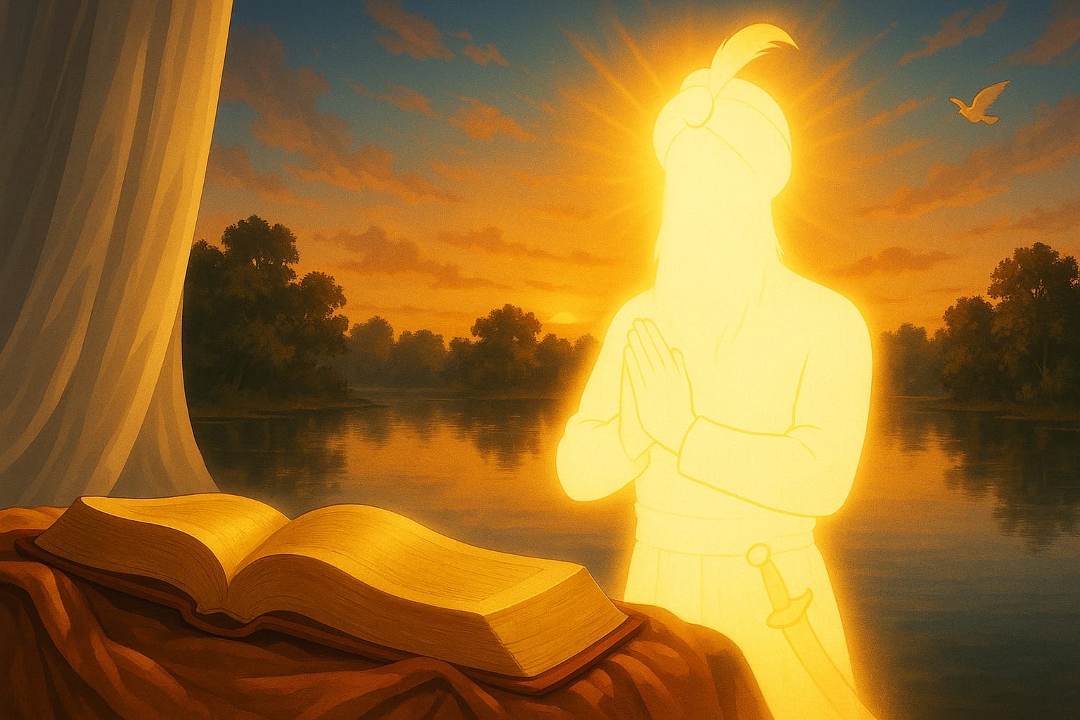 Guru Gobind Singh Ji bowing before Sri Guru Granth Sahib Ji