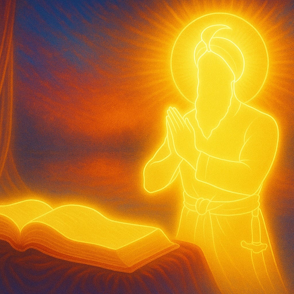 Guru Gobind Singh Ji bowing in reverence before Guru Granth Sahib Ji