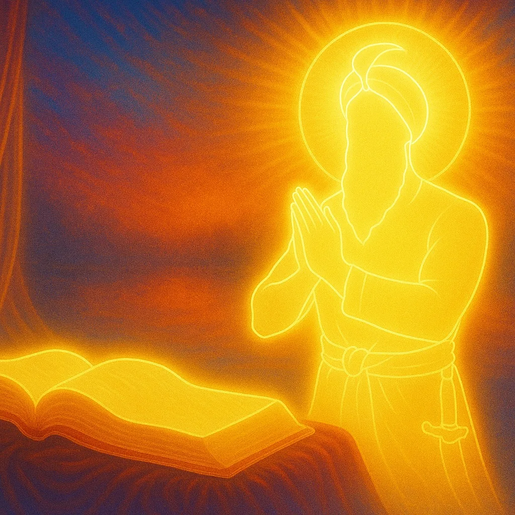 Guru Gobind Singh Ji bowing in reverence before Guru Granth Sahib Ji