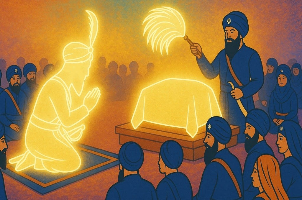 Guru Gobind Singh Ji conferring guruship to Sri Guru Granth Sahib Ji in 1708