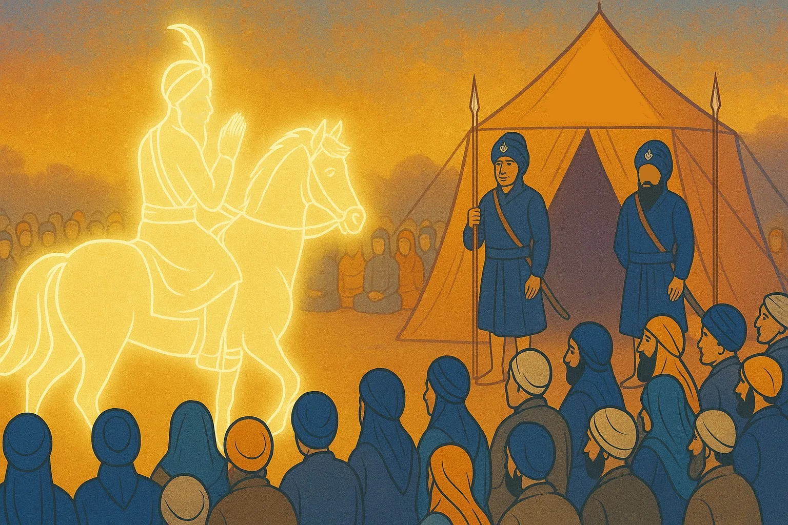 Guru Gobind Singh Ji greeting the congregation before leaving his earthly body