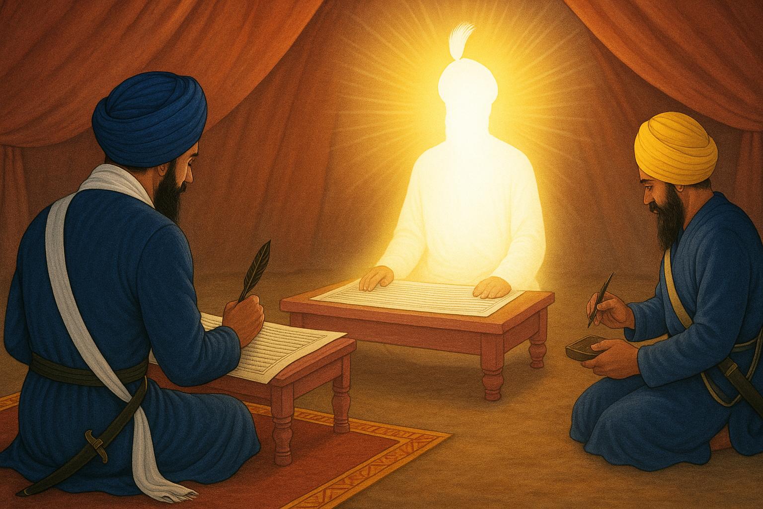 Guru Gobind Singh dictated Sri Guru Granth Sahib Ji to Bhai Mani Singh Ji to scribe at Gurdwara Damdama Sahib Sri Anandpur Sahib. Baba Deep Singh Ji prepared the feather pens