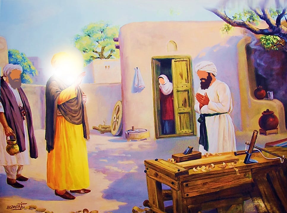 Guru Nanak Dev Ji and Bhai Mardana Ji visiting Bhai Lalo Ji at Saidpur