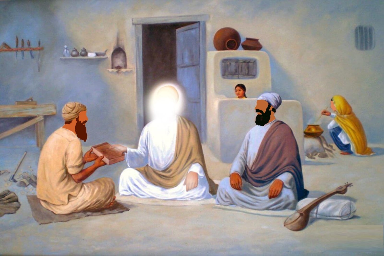 Guru Nanak Dev Ji and Bhai Mardana Ji visiting Bhai Lalo Ji's house in Saidpur