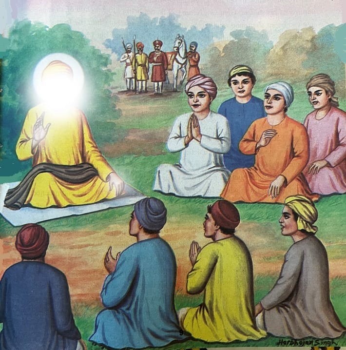 Guru Nanak Dev Ji during playtime encouraging other children to engage in the divine remembrance of the Creator