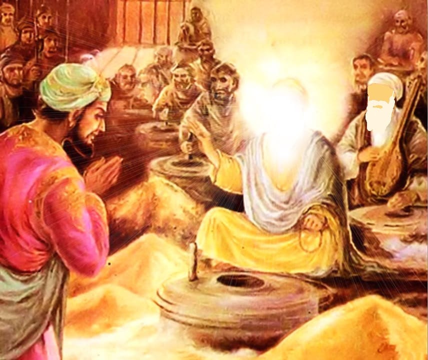Guru Nanak Dev Ji in the jail of Emperor Babur and making all the flour grinding stones spin by themselves