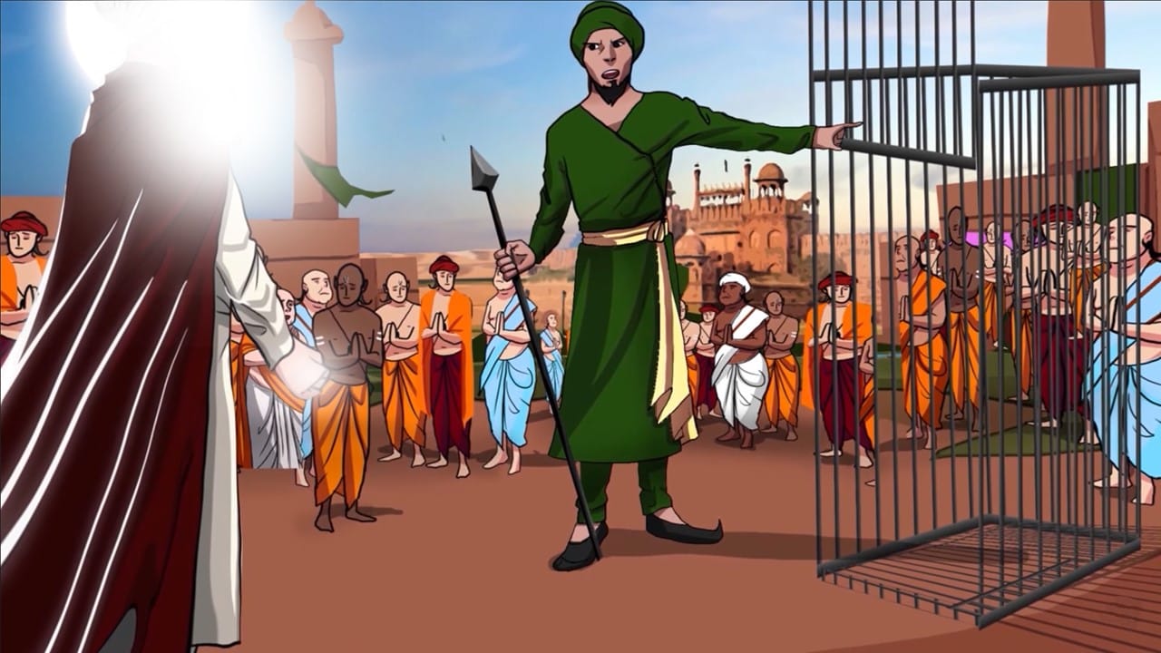 Guru Teg Bahadar Ji walking to sit in a cage to watch his three Sikhs bravely and fearlessly make world history by not breaking or wavering amidst the most horrible of tortures