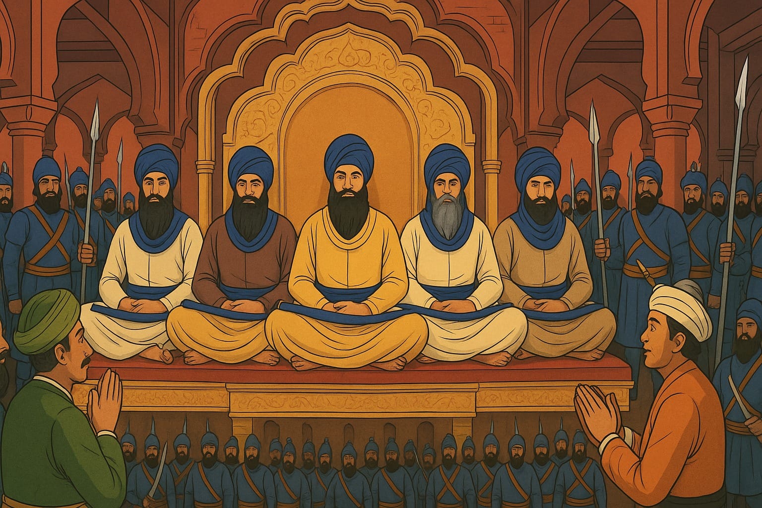 In 1783 the Panj Singh sit on the throne of the Lal Qila Red Fort and hold a court 3