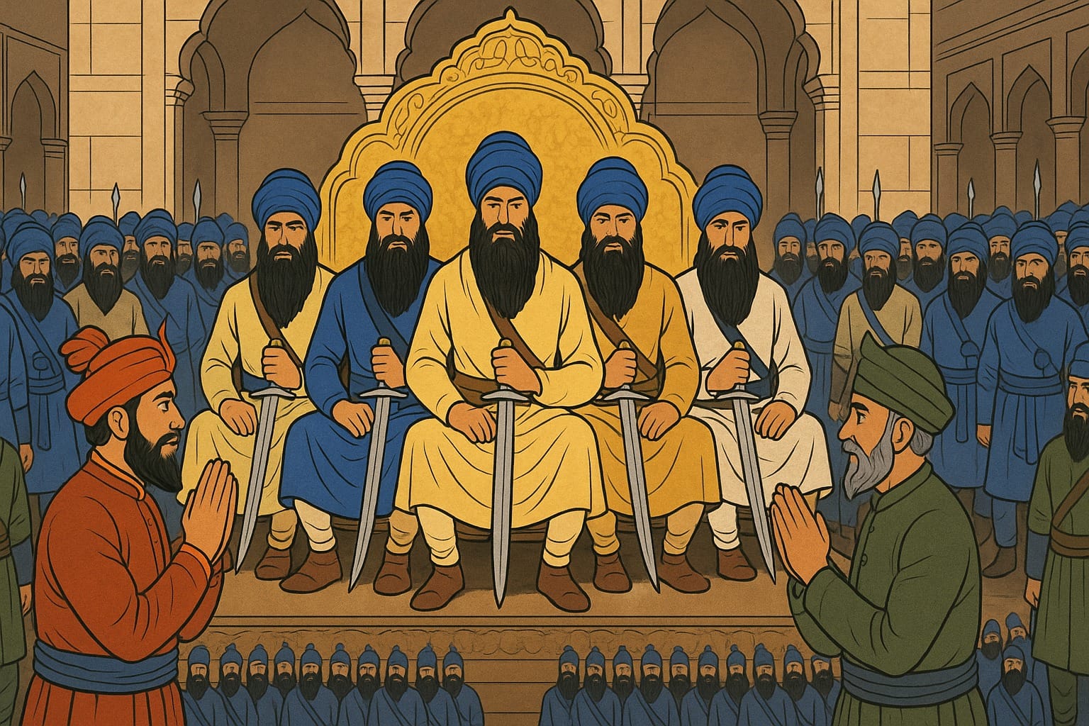 In 1783 the Panj Singh sit on the throne of the Lal Qila Red Fort and hold a court