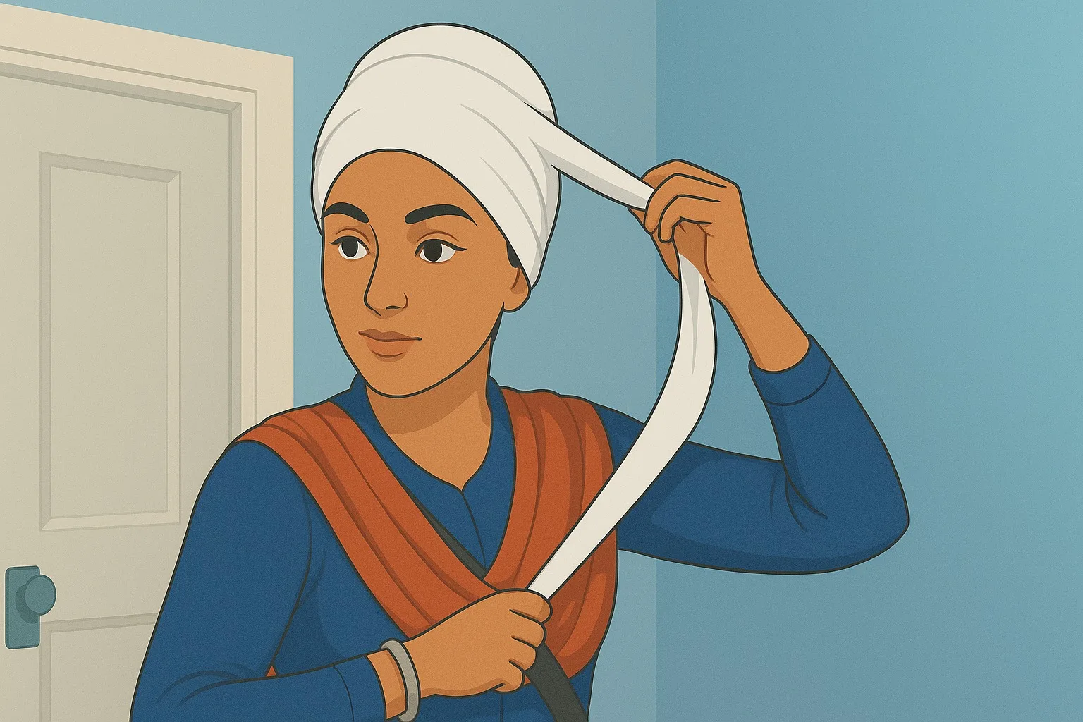 Keski a short turban one of the Panj Kakkaar 5 Ks uniform