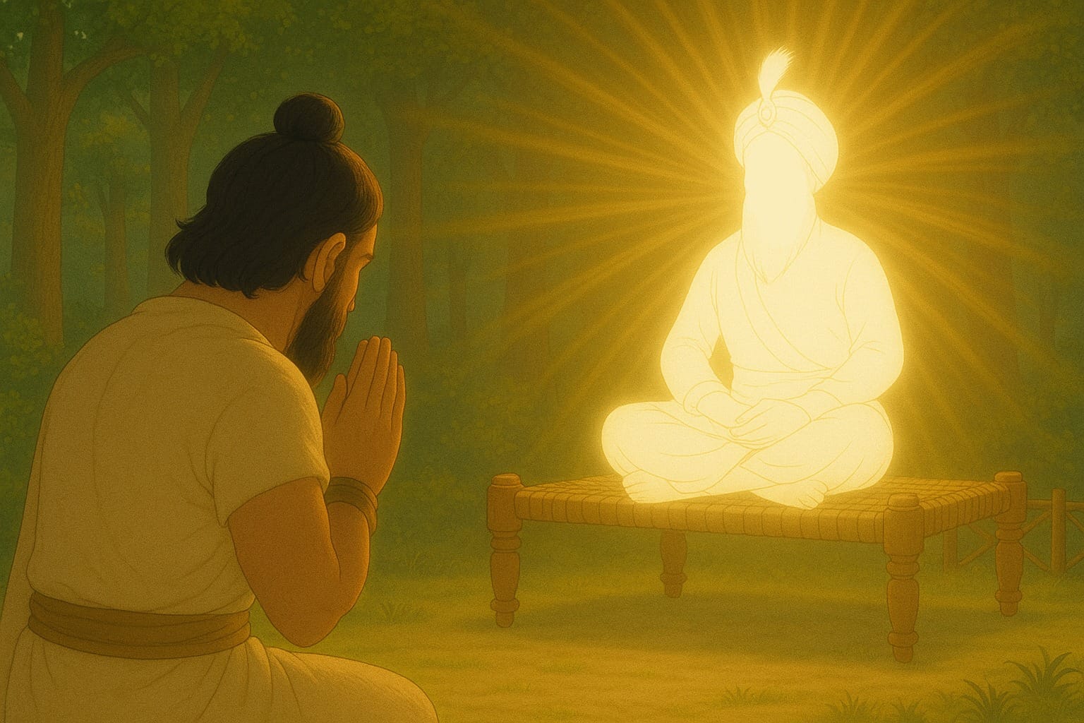 Madho Das meeting Guru Gobind Singh Ji for the first time and surrendering himself to become Gurus Banda later Banda Singh Bahadur